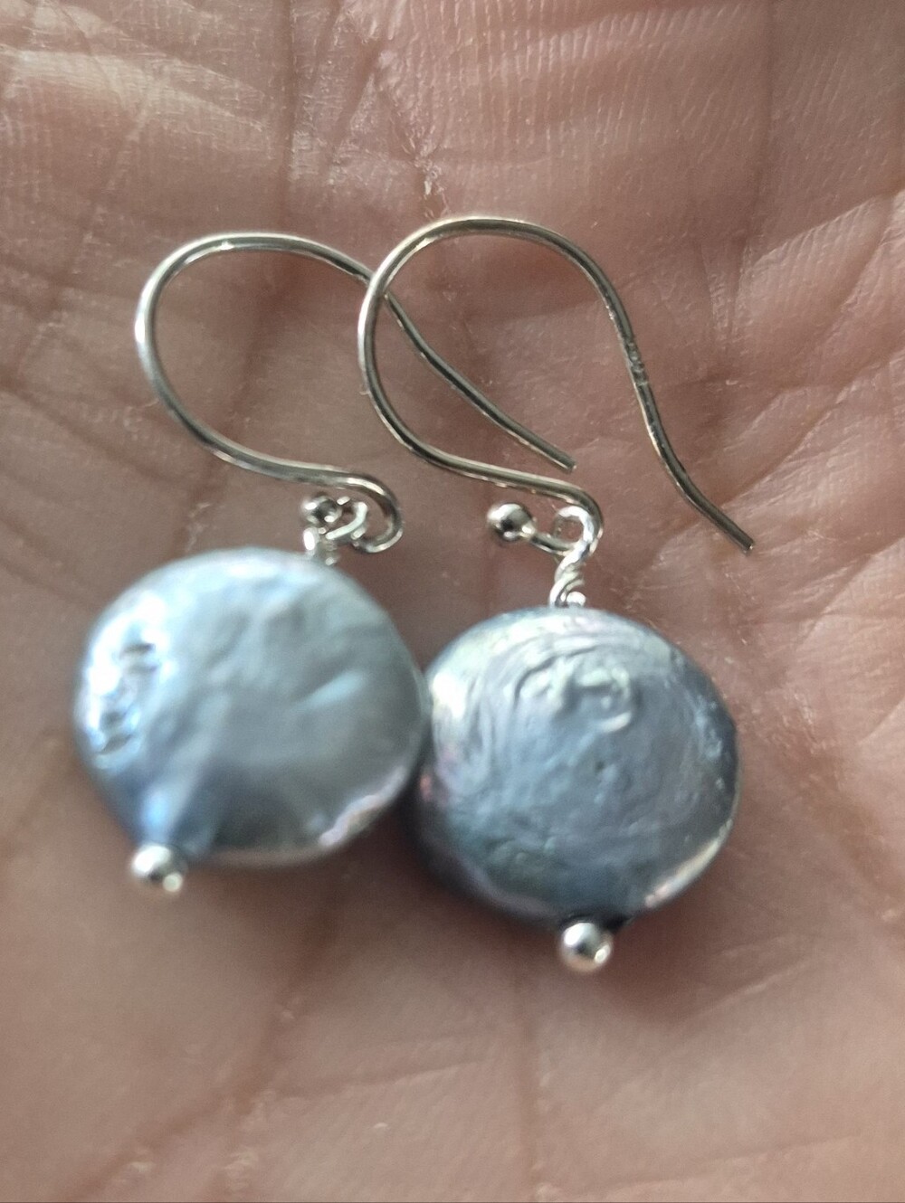925 Sterling Silver Wirh Authentic Blue Iridescent Coin Pearl Drop Earrings - Picture 3 of 3